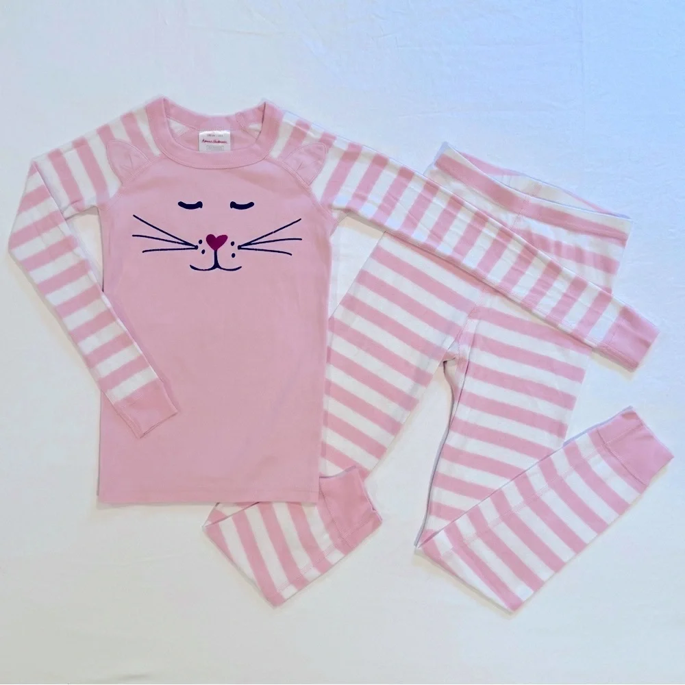 Hanna Andersson Pink Cat Pajamas Girls 8 130 cm Long Johns Organic Cotton Stripe